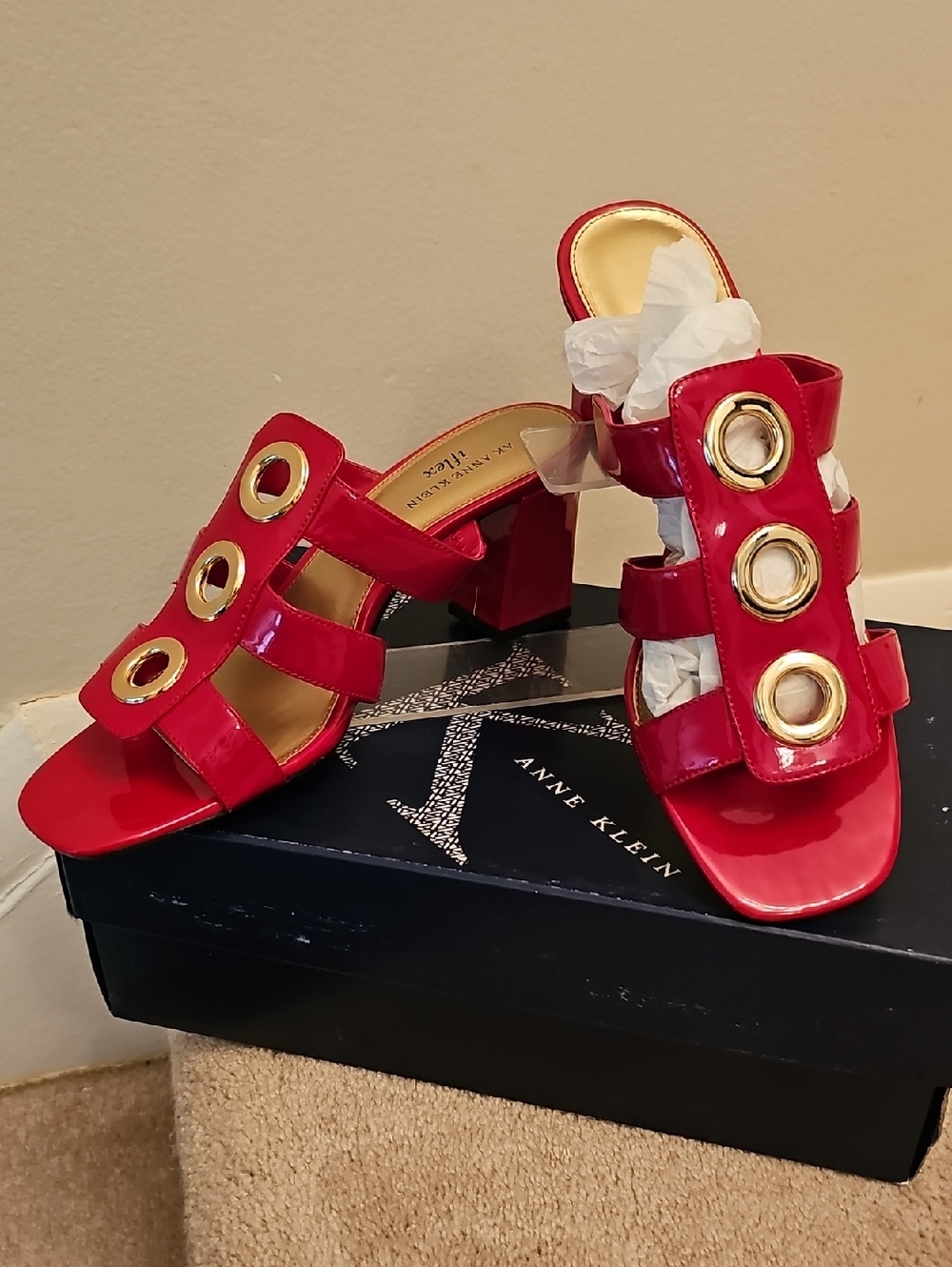 Anne Klein Red Patent Slide Mules with Gold Ring Details